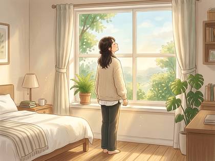 部屋の窓から外の自然を眺め、リラックスする女性のイラスト。