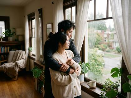明るい部屋の窓辺で抱き合うカップル。窓の外の景色を眺めている。