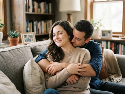 ソファでくつろぐ幸せそうなカップル。男性が女性の首にキス。