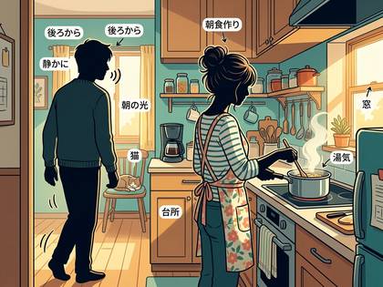 朝の光が差し込むキッチンで、女性が料理。男性が静かに見守り、猫が眠る。