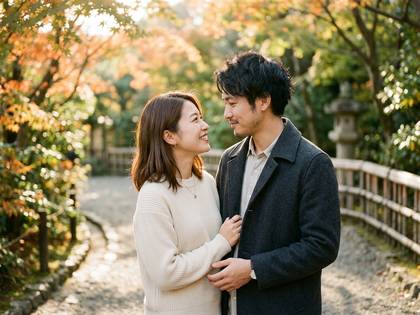 秋の紅葉の中、笑顔で見つめ合うカップル。