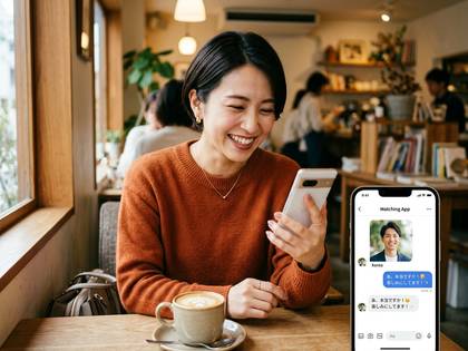 カフェで笑顔の女性がスマホでマッチングアプリを操作。