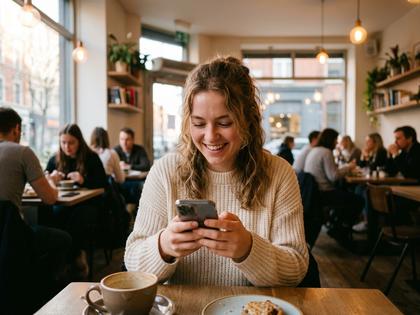 カフェでマッチングアプリを使う20代女性