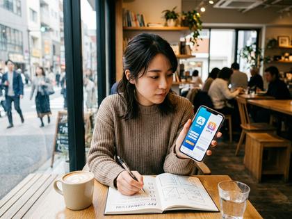 カフェでスマホを見ながらアプリを比較する女性のイメージ