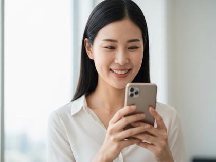 笑顔でスマホを操作する女性。希望に満ちた表情
