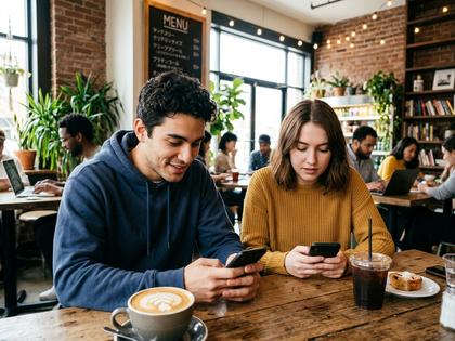カフェでスマホを操作する20代男女のイメージ