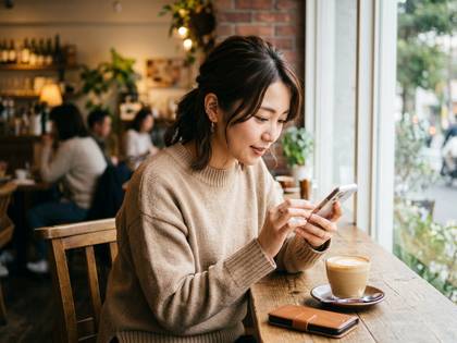 カフェの窓際でスマホを操作する笑顔の女性。
