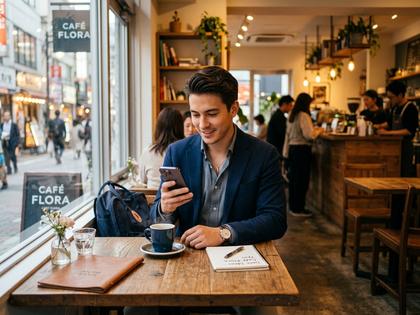 スマホを操作しながらカフェでデートの準備をしている男性のイメージ