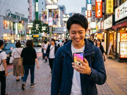 笑顔でスマホを見ている20代男性のイメージ