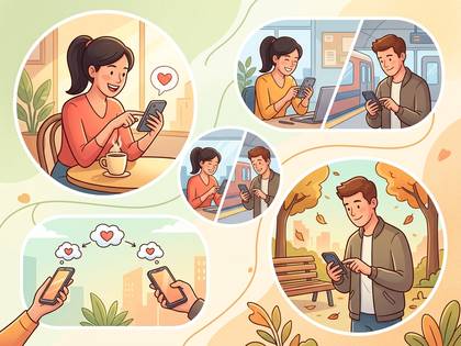 スマートフォンでハートを送り合い、コミュニケーションを楽しむ人々のイラスト。