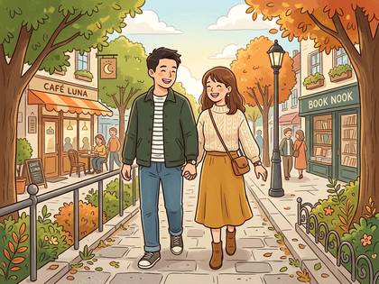 秋の街を笑顔で手をつないで歩くカップル。