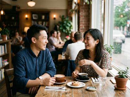 カフェでコーヒーを囲み、笑顔で談笑する男女。