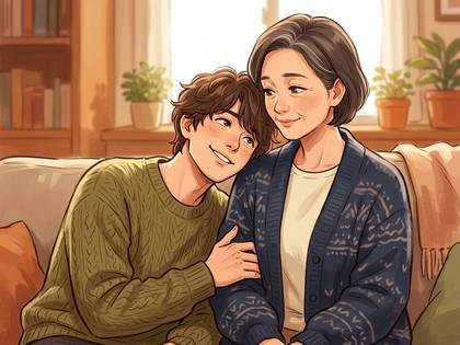 笑顔で寄り添う親子。若い男性が母親の肩に頭を乗せているイラスト。