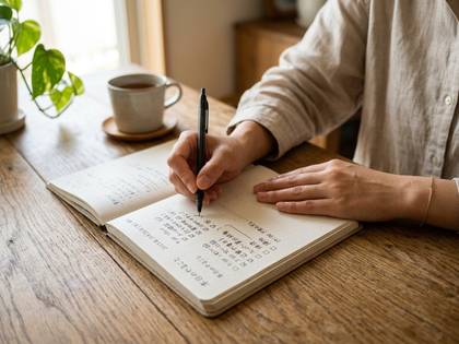 木のテーブルでノートにペンで書き込みをする女性の手元。奥に植物とカップ。