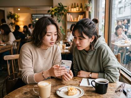 カフェでコーヒーとケーキを前にスマホ画面を共有する女性二人。