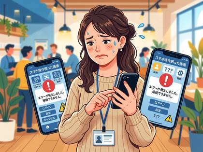 スマホ操作エラーに困惑し、眉をひそめる女性。