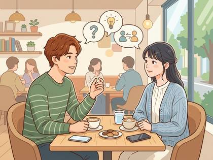 カフェで男女が向かい合い、会話する様子。アイデアと疑問の吹き出し。