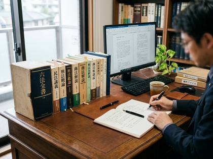 法律書とPCが並ぶ机で、男性がノートに書き込み学習・仕事をしている。