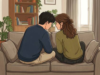 ソファで向き合い、額を合わせる男女の後ろ姿のイラスト。