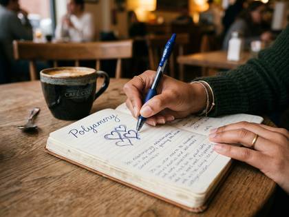 カフェで「Polyamory」と書かれたノートに書き込む人の手とコーヒーカップ。