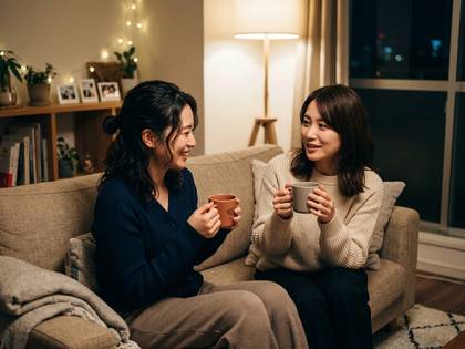 温かい部屋でマグカップを手に談笑する女性二人。