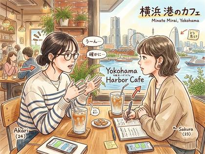 横浜港のカフェで会話する友人たち。