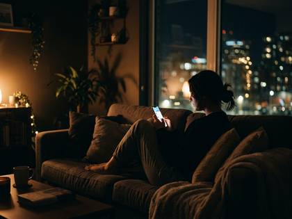 夜景が見える部屋で、ソファに寝そべってスマホを見る女性。