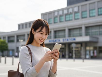 新潟駅前でスマホを見ながら微笑む20代女性のイメージ写真