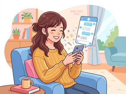 リビングで笑顔の女性がスマホを操作し、チャットを楽しむ。