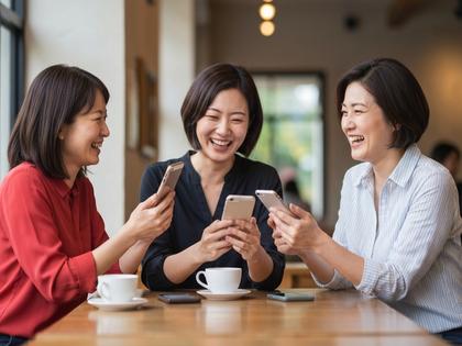 カフェで友達同士スマホを見せ合いながら笑う女性たちの様子