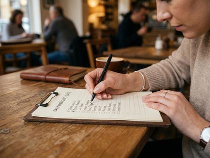 チェックリストを書き込む女性の手元のイメージ