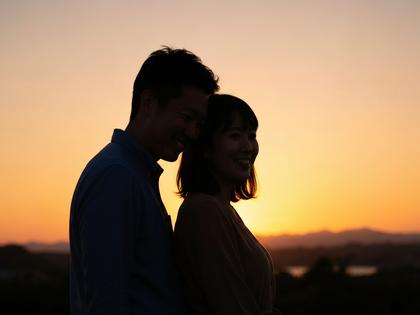 新潟の夕日をバックに笑顔で寄り添うカップルのシルエット