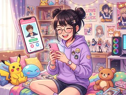スマホでマッチングアプリを楽しそうに使うオタク女子のイラスト