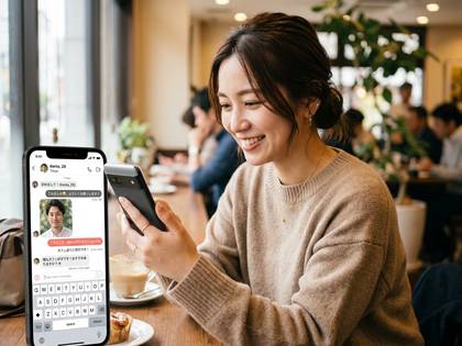 カフェで笑顔の女性がスマホを操作。もう一台のスマホにはチャット画面が表示されている。