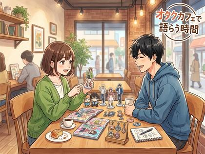 カフェでアニメグッズを並べて話すカップルのイラスト