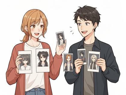 推しグッズを並べて笑顔で会話するオタクカップルのイラスト