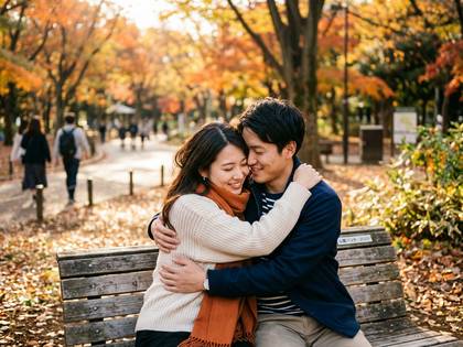 紅葉の公園でベンチに座り、寄り添って微笑む若いカップル。