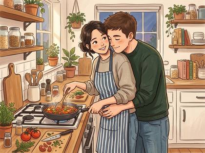 温かい雰囲気のキッチンで、抱き合いながら料理するカップル。