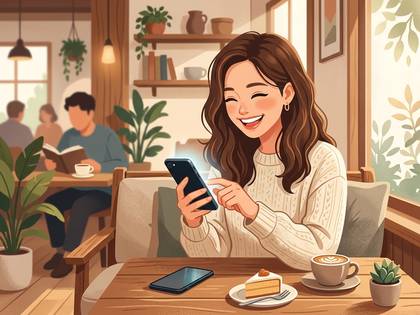 カフェで笑顔の女性がスマホを楽しむ。コーヒーとケーキ。