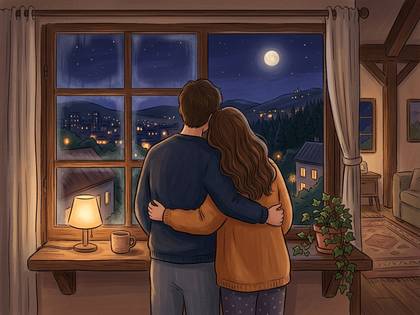 窓辺で夜景と満月を眺めるカップル。男性が女性を抱き寄せている。