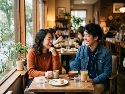 カフェの窓際で笑顔で向かい合う男女。コーヒーを囲んで談笑。