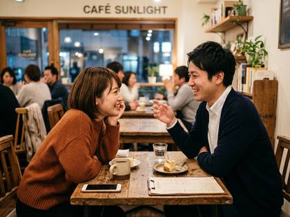 カフェで笑顔で談笑する男女。