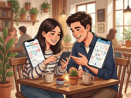 笑顔の男女がカフェでスマホの予定表を見せ合い、楽しそうに共有。