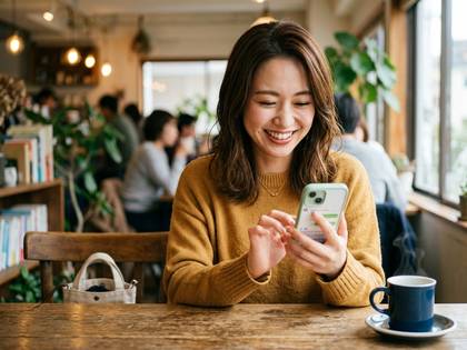 カフェでスマートフォンを操作し笑顔を見せる女性。