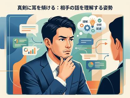 真剣に耳を傾け、相手の話を理解・分析・配慮するビジネスマンのイラスト。