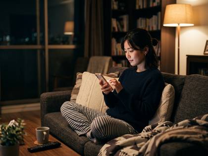 夜、自宅のソファでくつろぎながらスマートフォンを操作する女性。