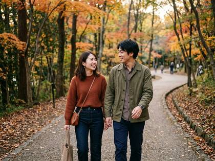 秋の紅葉の小道を笑顔で散歩するカップル。