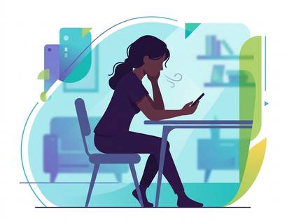 テーブルでスマートフォンを持ち、ため息をつく女性のイラスト。