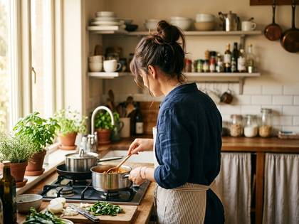 キッチンで鍋をかき混ぜて料理をする女性。
