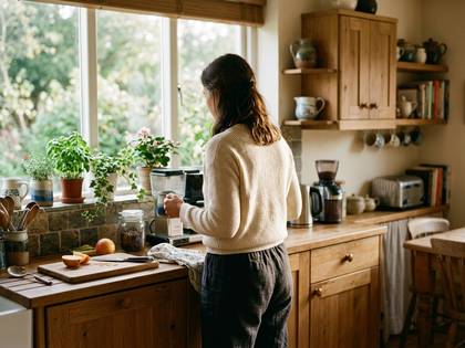 キッチンでコーヒーを淹れる女性。窓辺には植物が並び、温かい雰囲気。